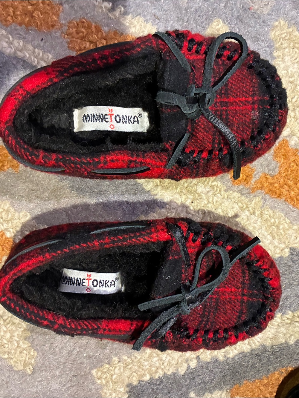 Minnetonka Kids Red and Black Plaid Moccasin Slippers